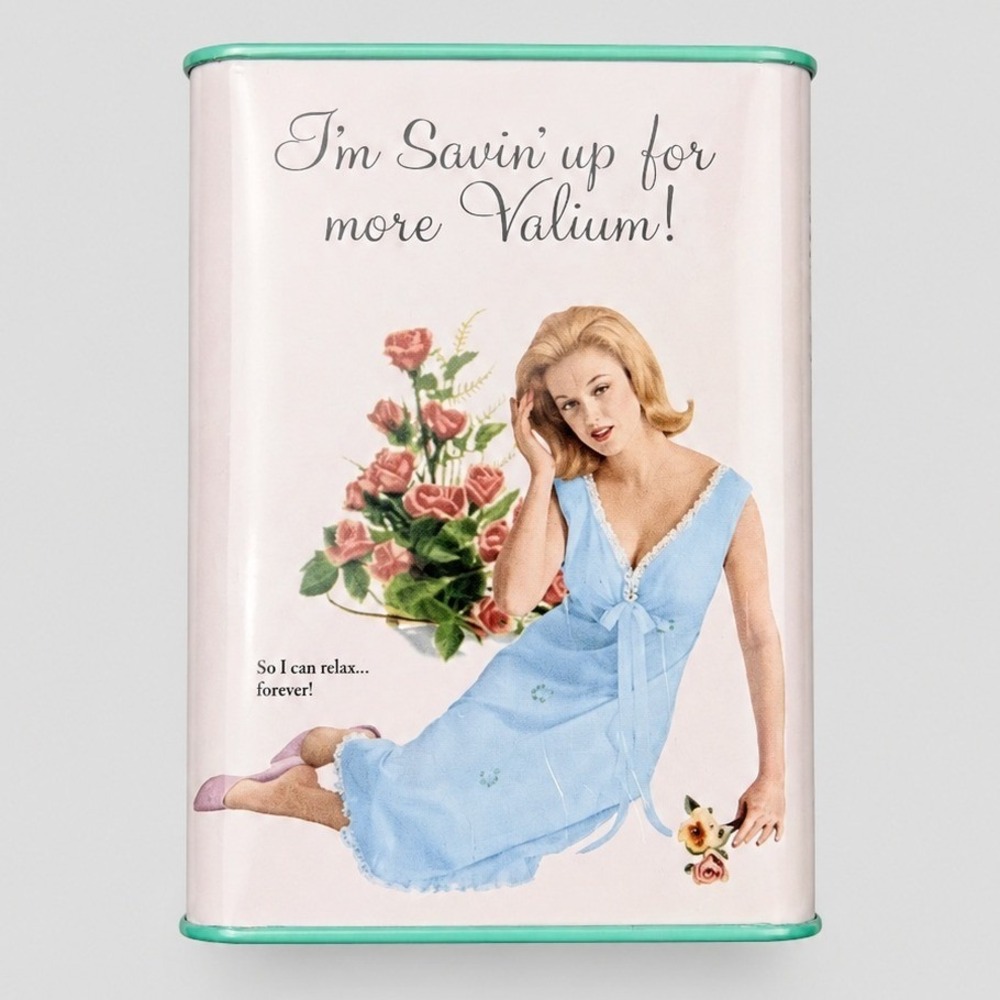Blue Q Savin Up For More Valium Metal Coin Bank Vintage Housewife Retro Tin 2007